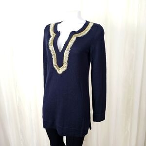 Tory Burch deep navy blue Merino Wool Plunge Neckline Sweater tunic sequin bead